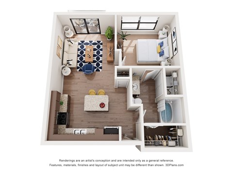 A 3D floor plan of a small apartment with a kitchen, living room, and bathroom.